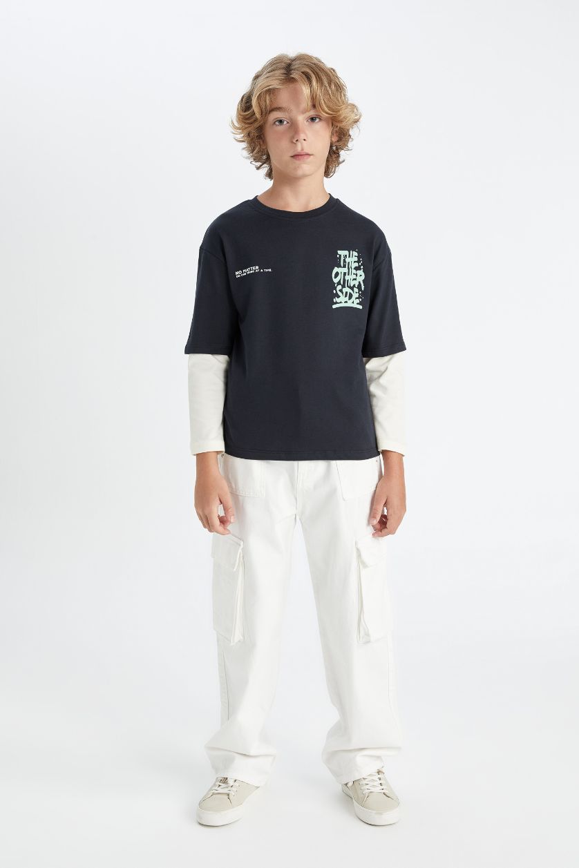 أولادي أنثرا تيشيرت اولادي كم طويل بطبعة حروف قصة عادية