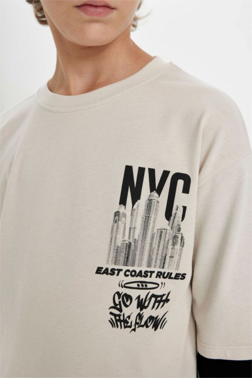 أولادي اللون الحجري تيشيرت اولادي كم طويل بطبعة حروف قصة عادية