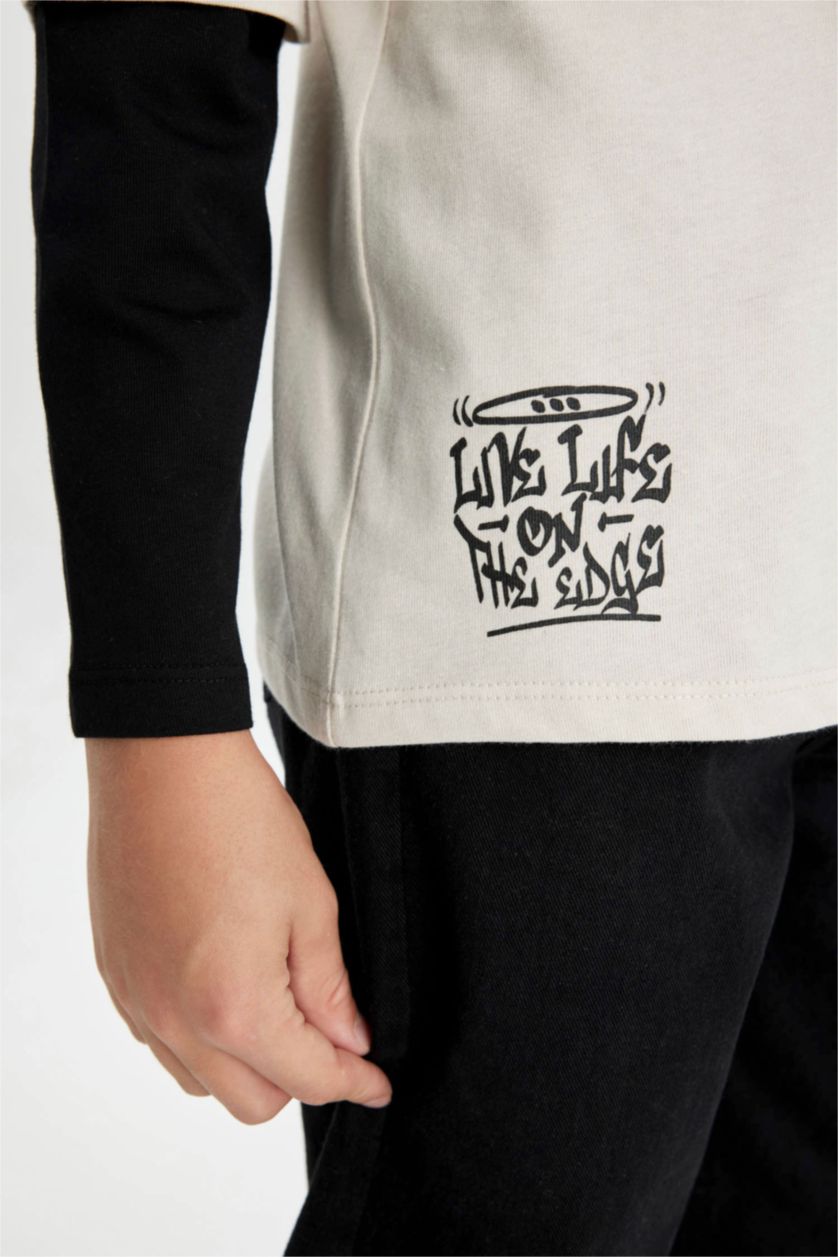 أولادي اللون الحجري تيشيرت اولادي كم طويل بطبعة حروف قصة عادية