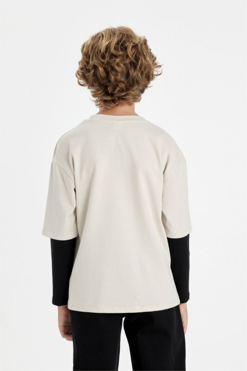 أولادي اللون الحجري تيشيرت اولادي كم طويل بطبعة حروف قصة عادية