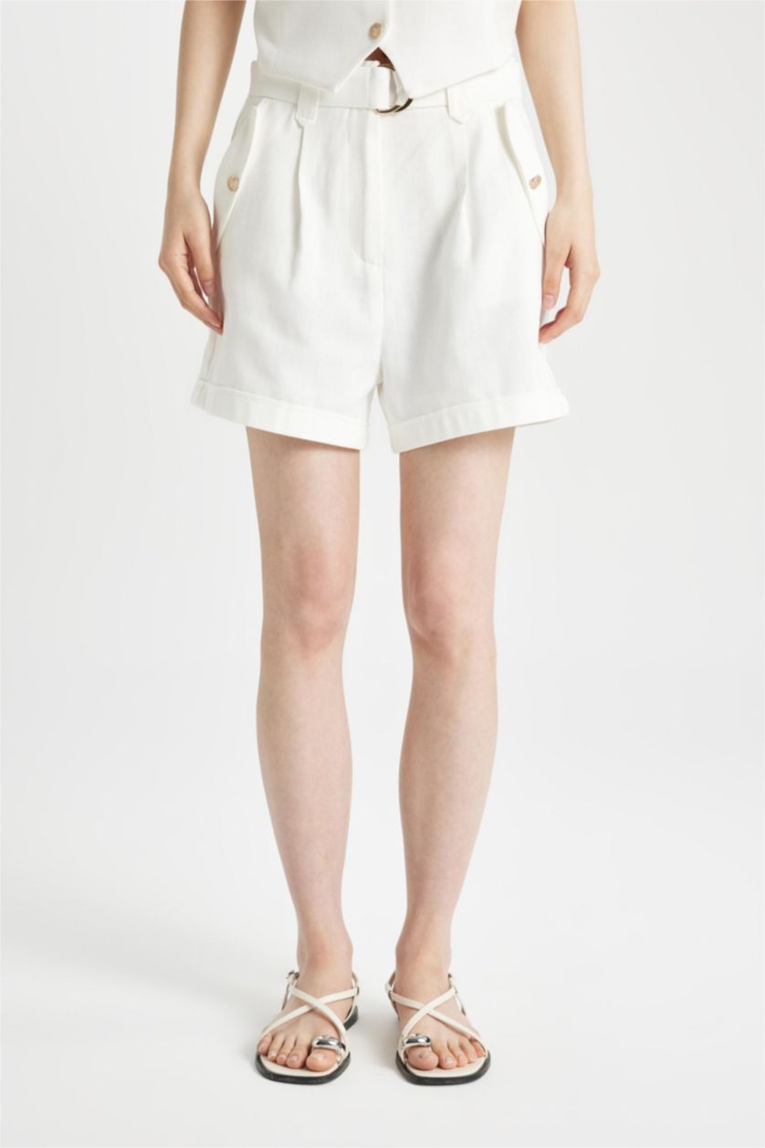 Kadın Kırık Beyaz Relax Fıt Yüksek Bel Crop Fit Keten Karışımlı Şort