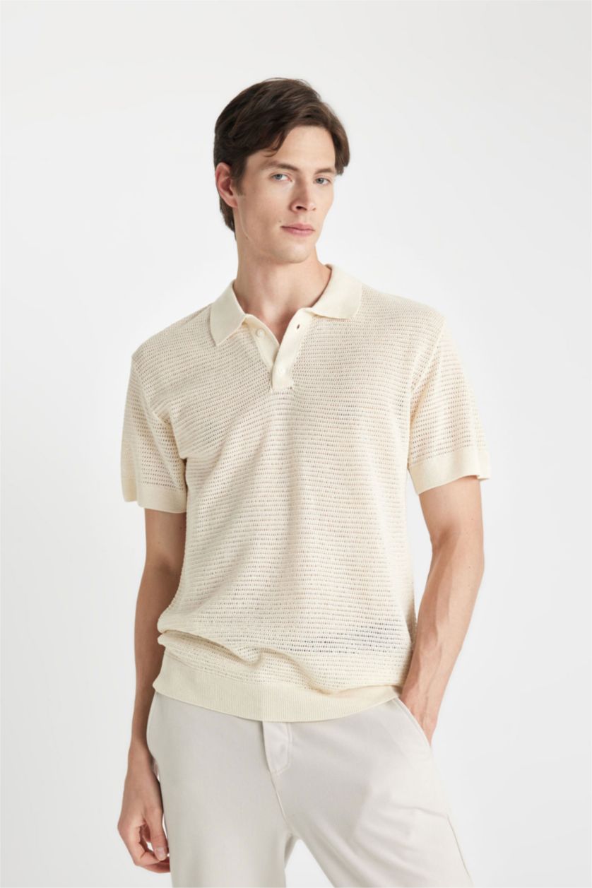 MAN Ecru Standard Fit Polo Collar Knitwear Polo T-Shirt