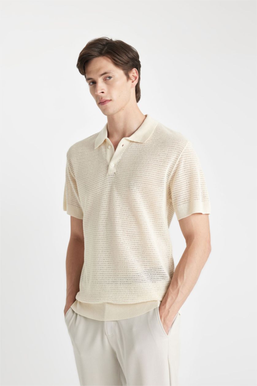 MAN Ecru Standard Fit Polo Collar Knitwear Polo T-Shirt