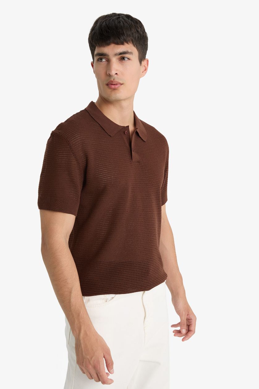 Erkek Kahve Standart Fit Polo Yaka Triko Kısa Kollu Tişört