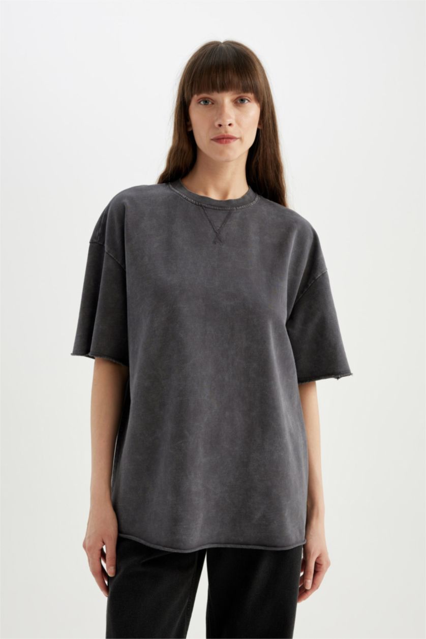 نساء أنثرا تيشيرت نص كم قماش رقيق قصة مريحة بتأثير باهت