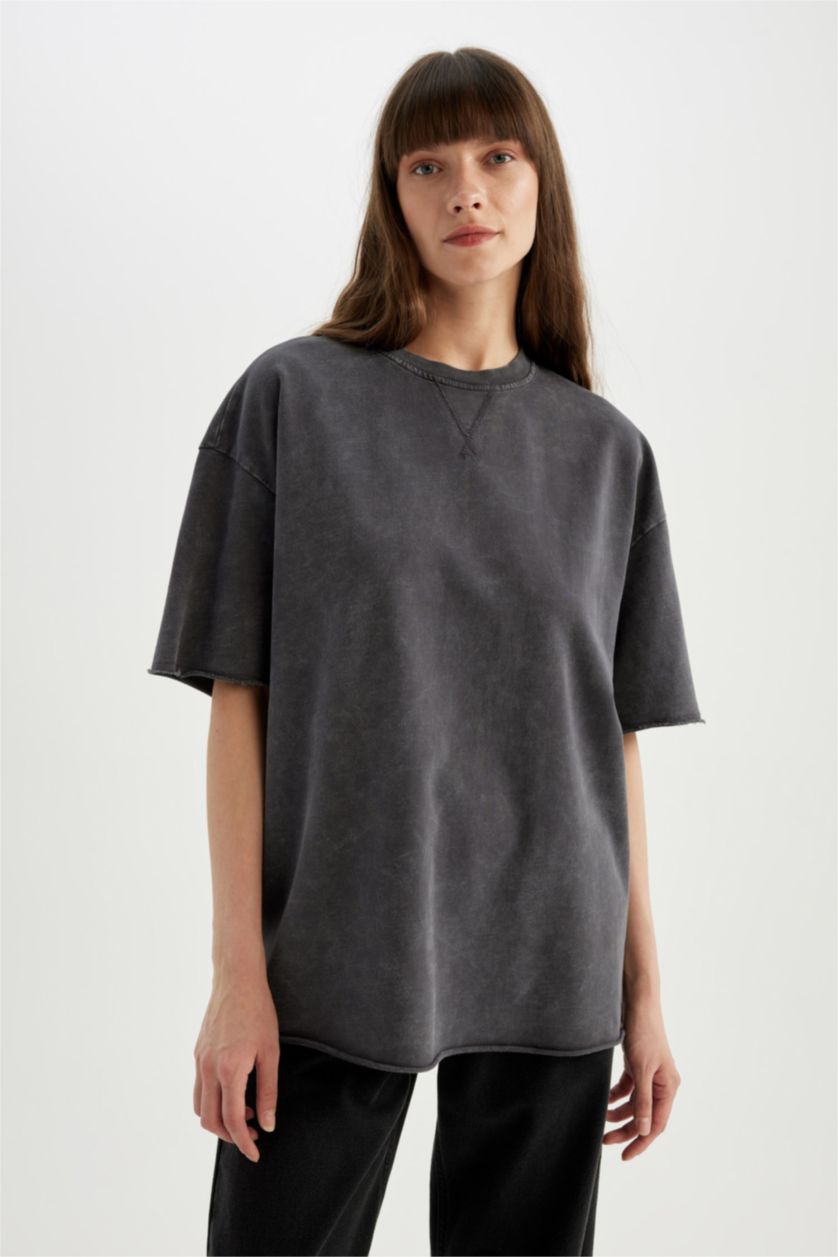 نساء أنثرا تيشيرت نص كم قماش رقيق قصة مريحة بتأثير باهت