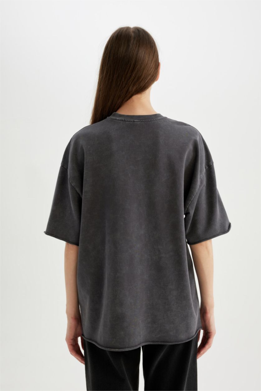 نساء أنثرا تيشيرت نص كم قماش رقيق قصة مريحة بتأثير باهت