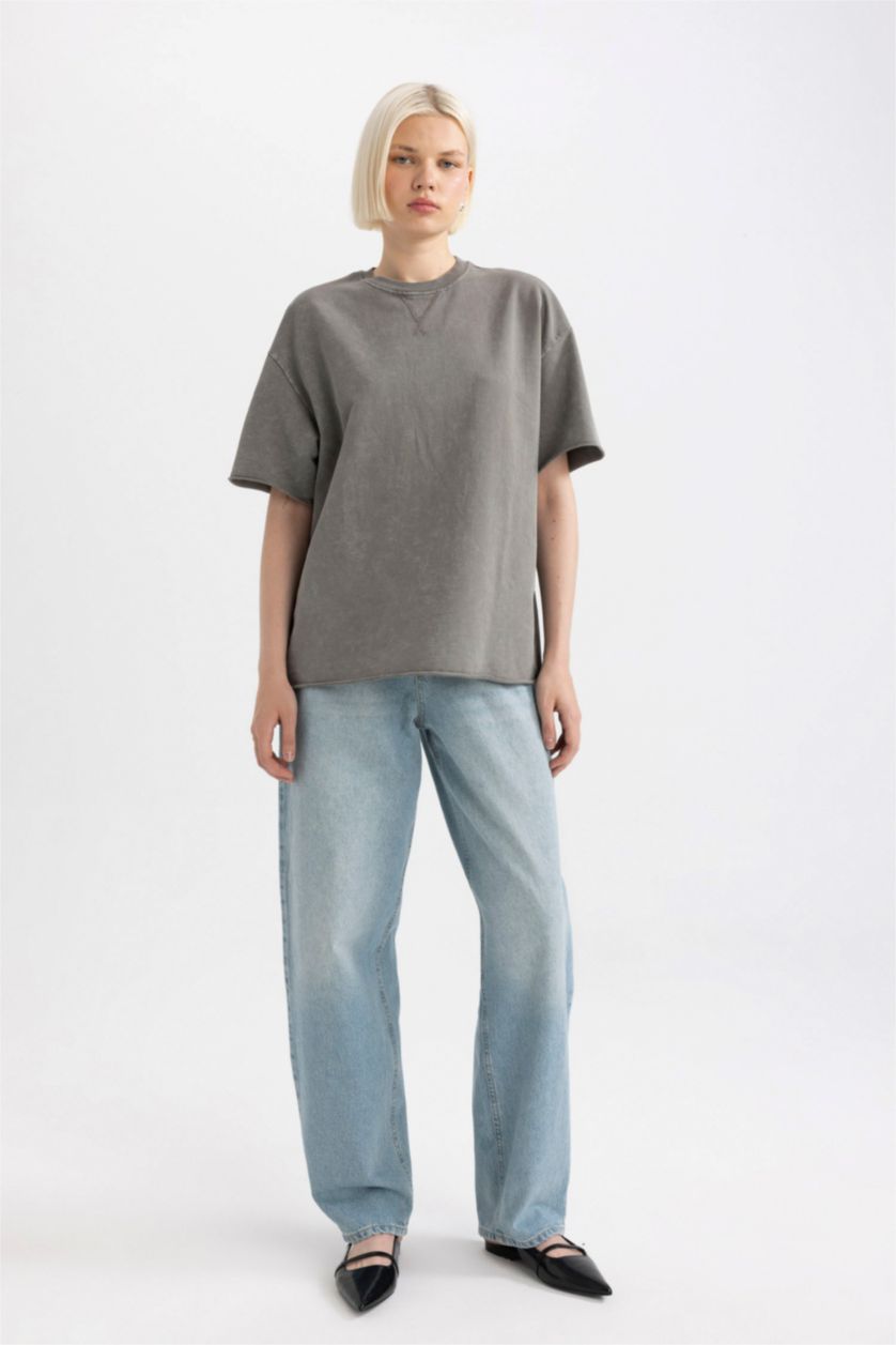 WOMAN Khaki Relax Fit Crew Neck Faded Effect Short Sleeve T-Shirt