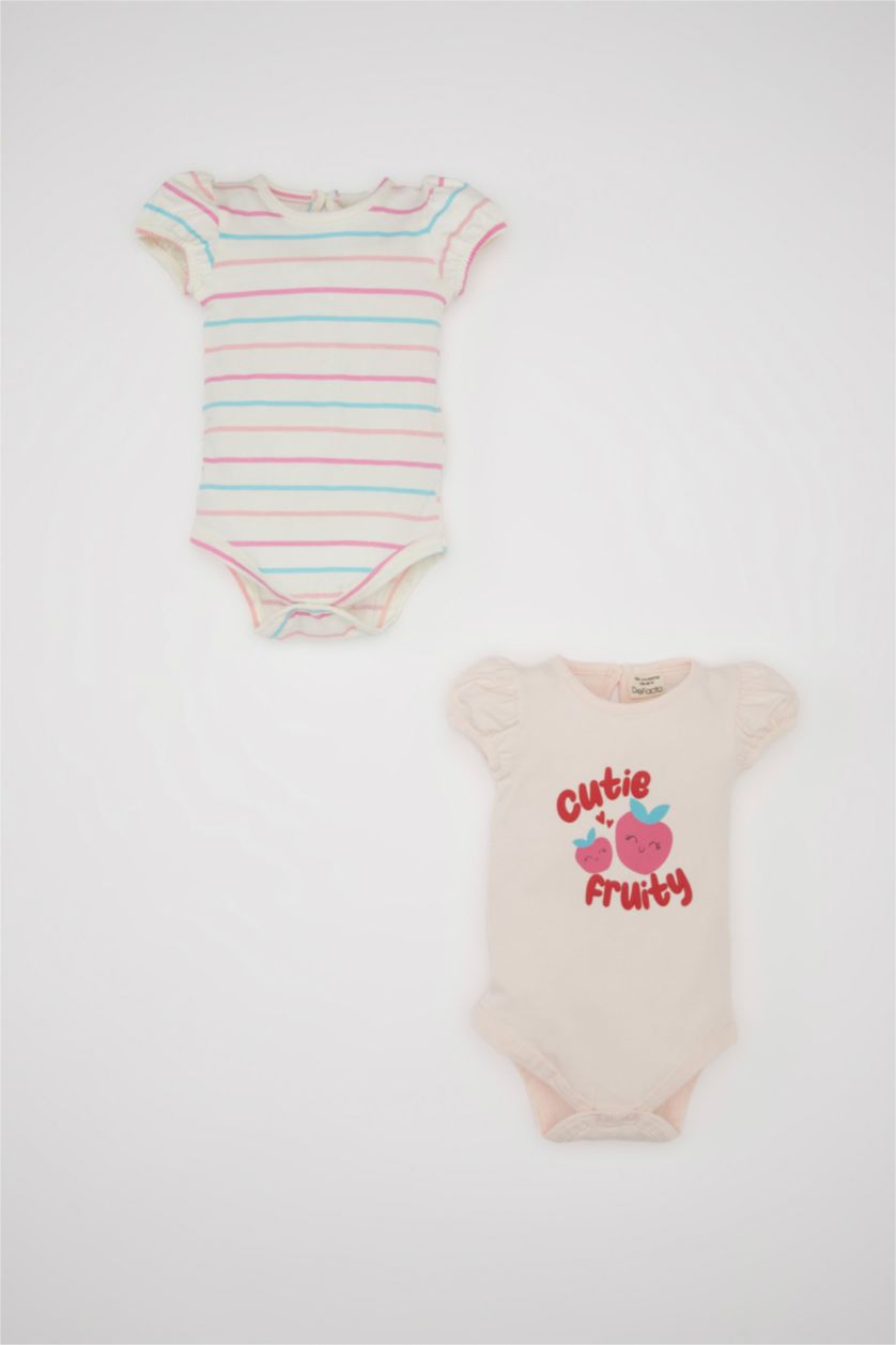 Kız Bebek Açık Pembe Kız Bebek Yenidoğan Bisiklet Yaka Çizgili Penye 2'li Kısa Kollu Çıtçıtlı Body