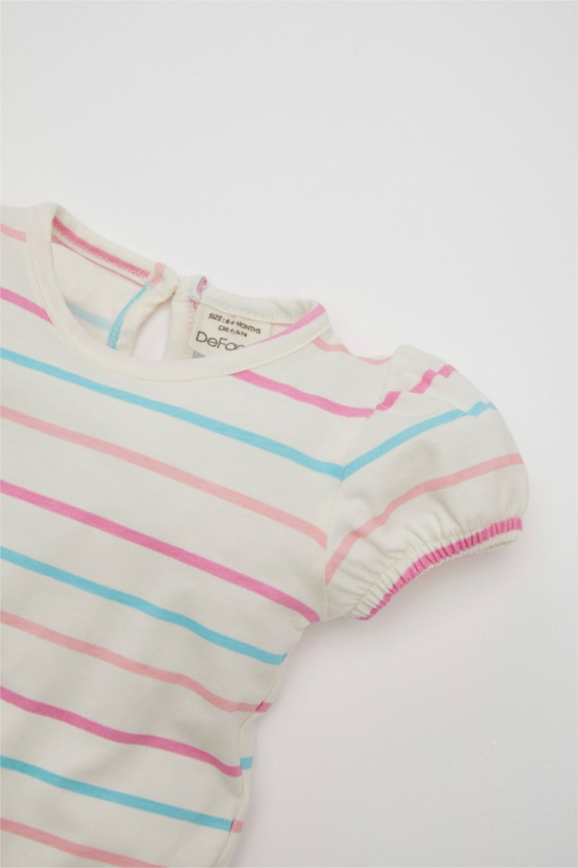 Kız Bebek Açık Pembe Kız Bebek Yenidoğan Bisiklet Yaka Çizgili Penye 2'li Kısa Kollu Çıtçıtlı Body