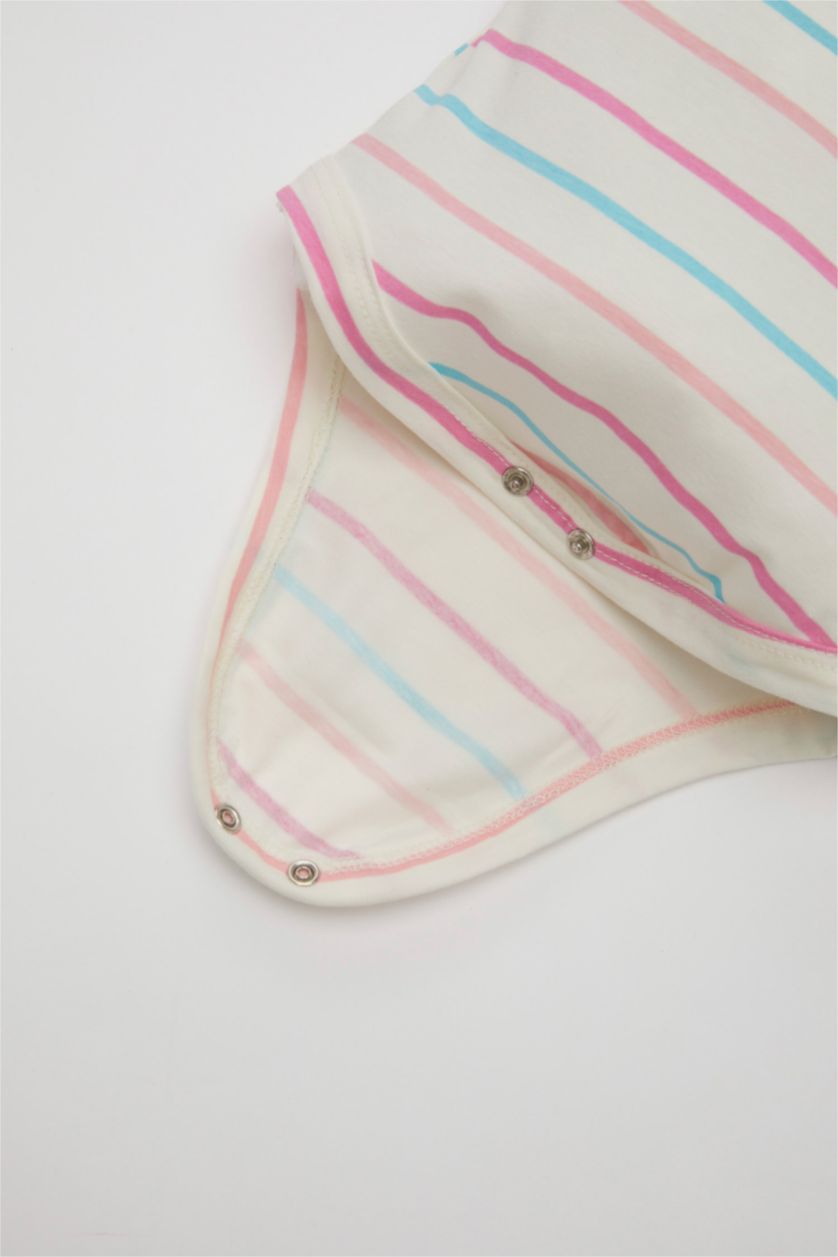 Kız Bebek Açık Pembe Kız Bebek Yenidoğan Bisiklet Yaka Çizgili Penye 2'li Kısa Kollu Çıtçıtlı Body