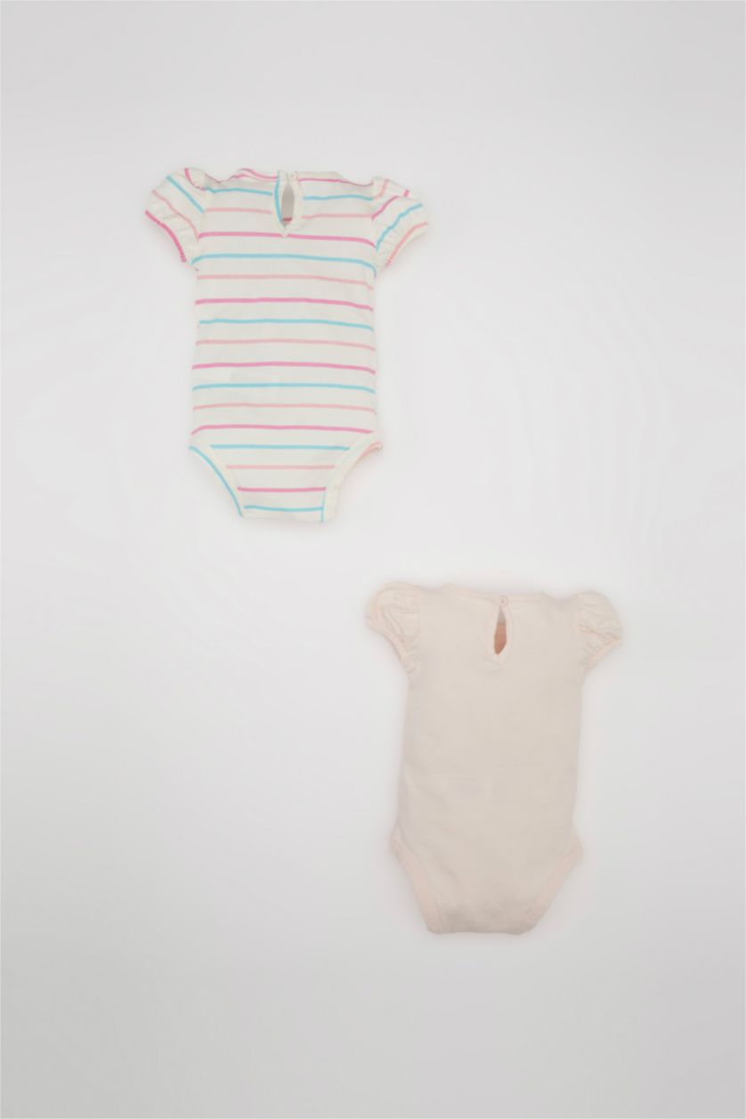 Kız Bebek Açık Pembe Kız Bebek Yenidoğan Bisiklet Yaka Çizgili Penye 2'li Kısa Kollu Çıtçıtlı Body