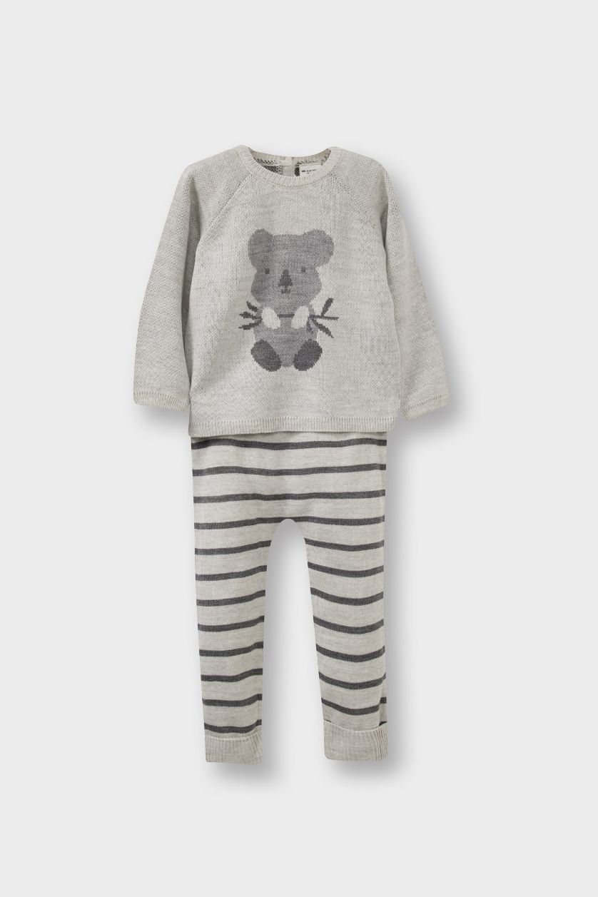 Erkek Bebek Açık Gri 2'li Takım Hayvan Desenli Triko Kazak Çizgili Alt Erkek Bebek