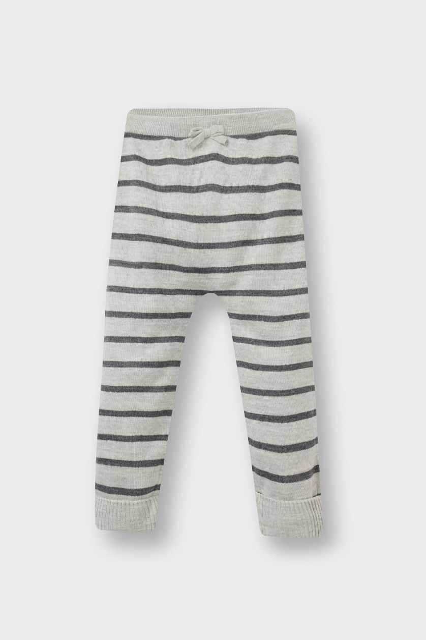 Erkek Bebek Açık Gri 2'li Takım Hayvan Desenli Triko Kazak Çizgili Alt Erkek Bebek