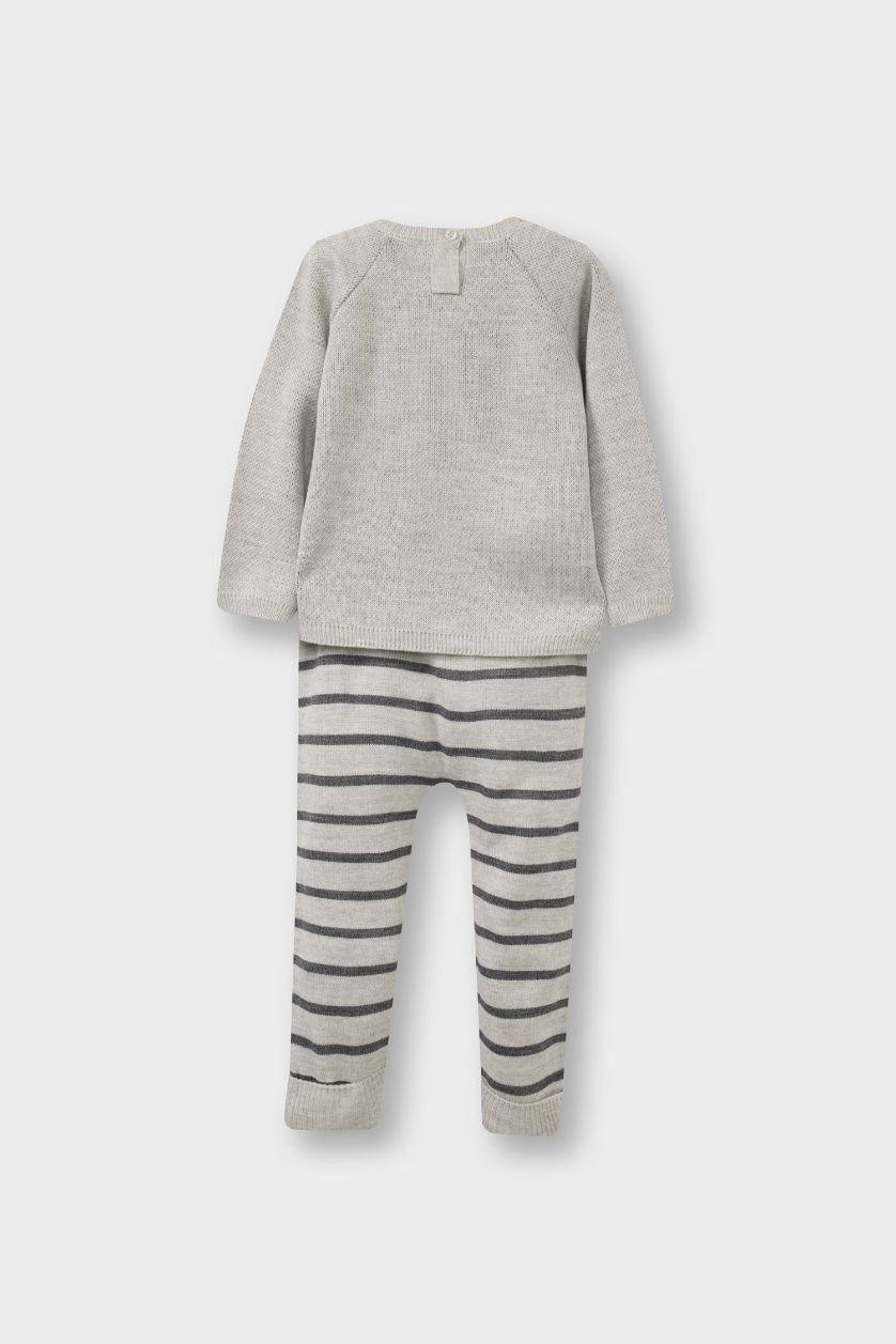 Erkek Bebek Açık Gri 2'li Takım Hayvan Desenli Triko Kazak Çizgili Alt Erkek Bebek