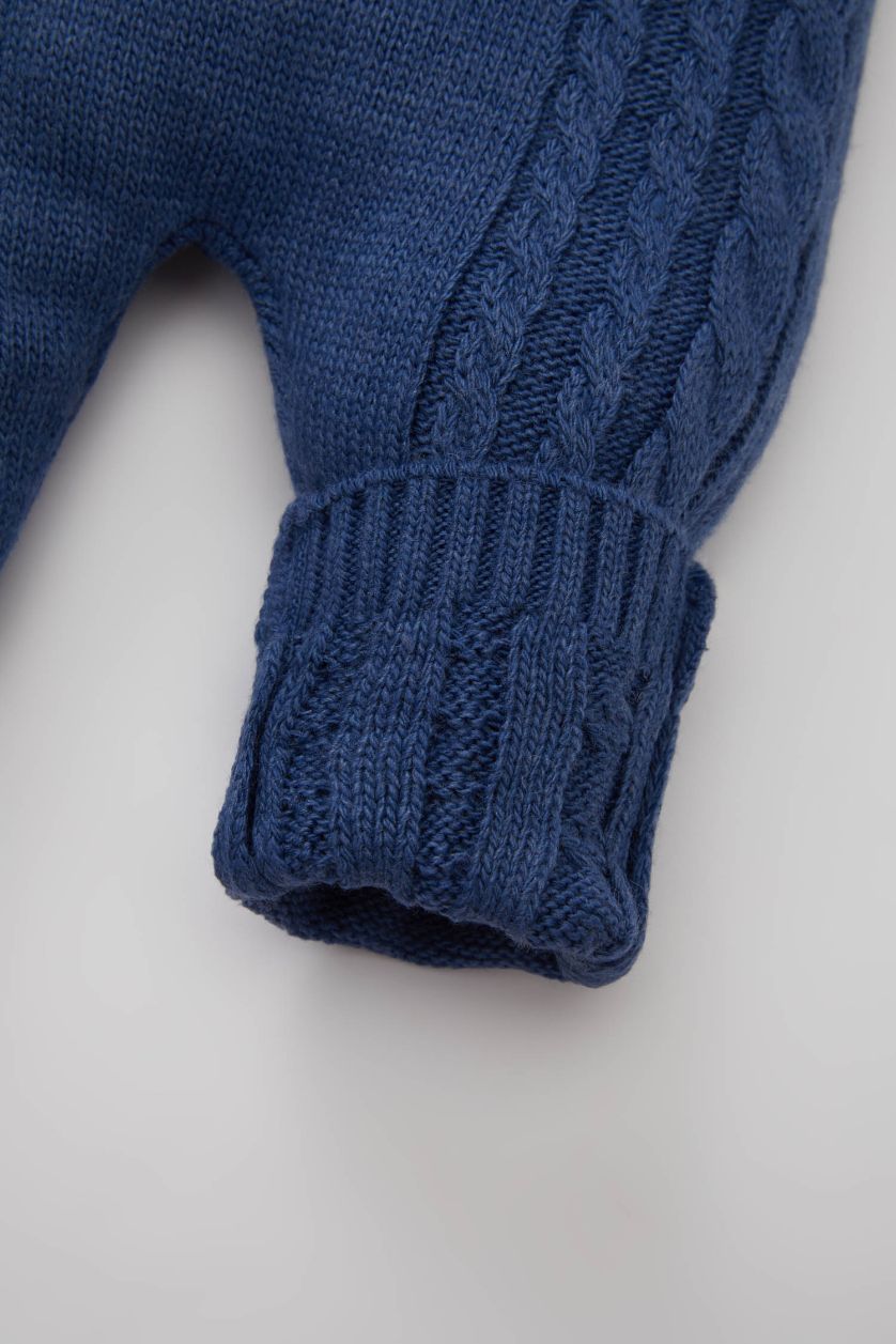 Erkek Bebek Mavi 2'li Takım Uzun Kollu Nakış Triko Kazak Ayarlanabilir Askılı Örgü Desenli Salopet Erkek Bebek