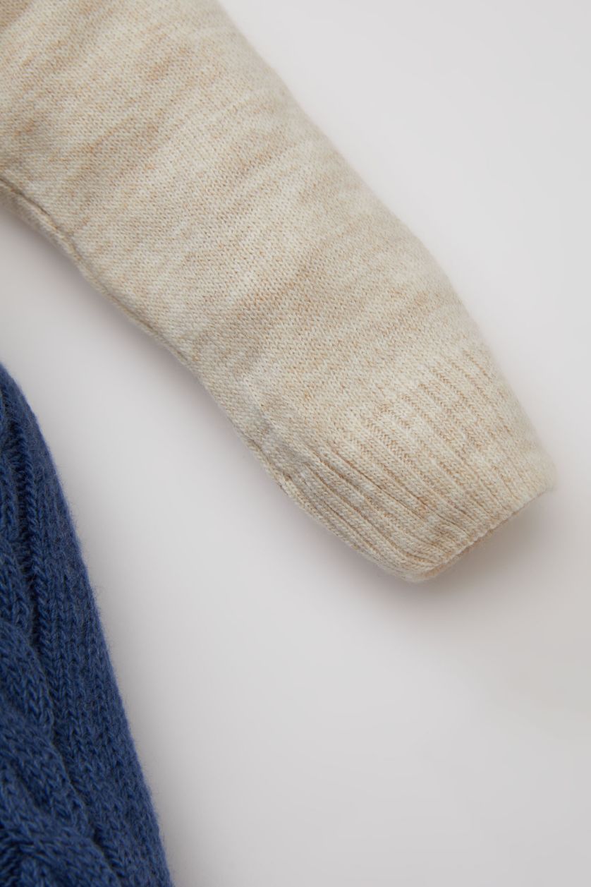 Erkek Bebek Mavi 2'li Takım Uzun Kollu Nakış Triko Kazak Ayarlanabilir Askılı Örgü Desenli Salopet Erkek Bebek