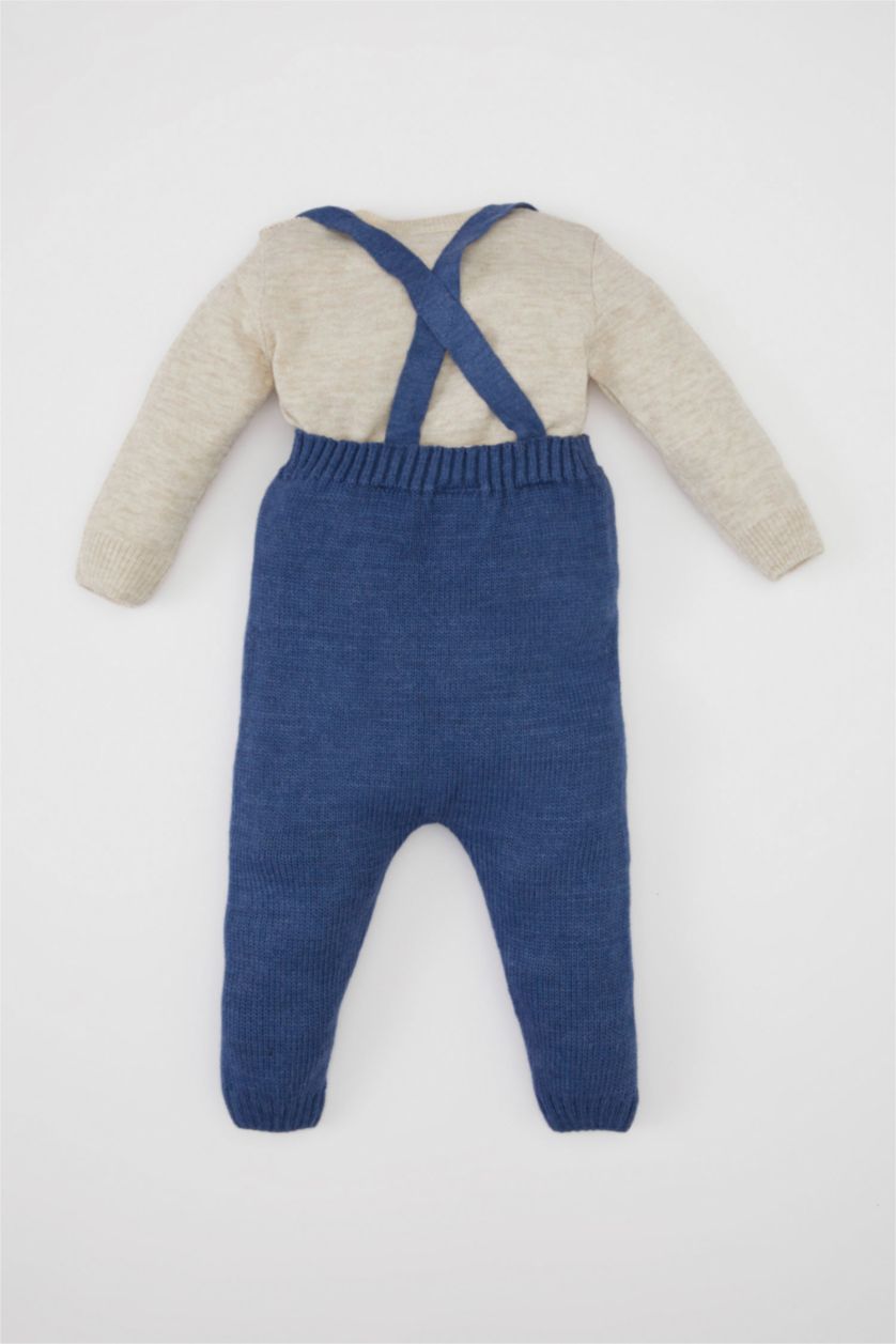 Erkek Bebek Mavi 2'li Takım Uzun Kollu Nakış Triko Kazak Ayarlanabilir Askılı Örgü Desenli Salopet Erkek Bebek