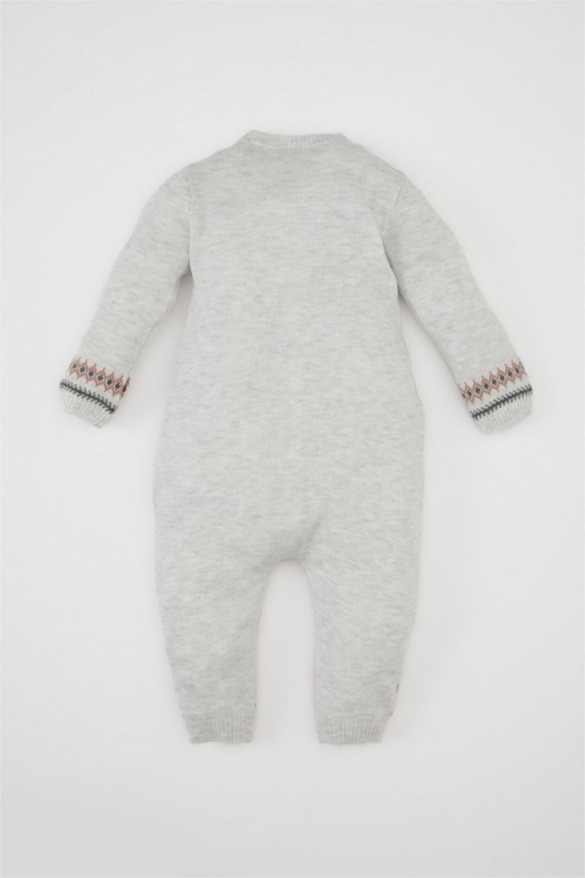 Erkek Bebek Açık Gri 2'li Takım Düğmeli Uzun Kollu Tulum Bere Erkek Bebek Yenidoğan
