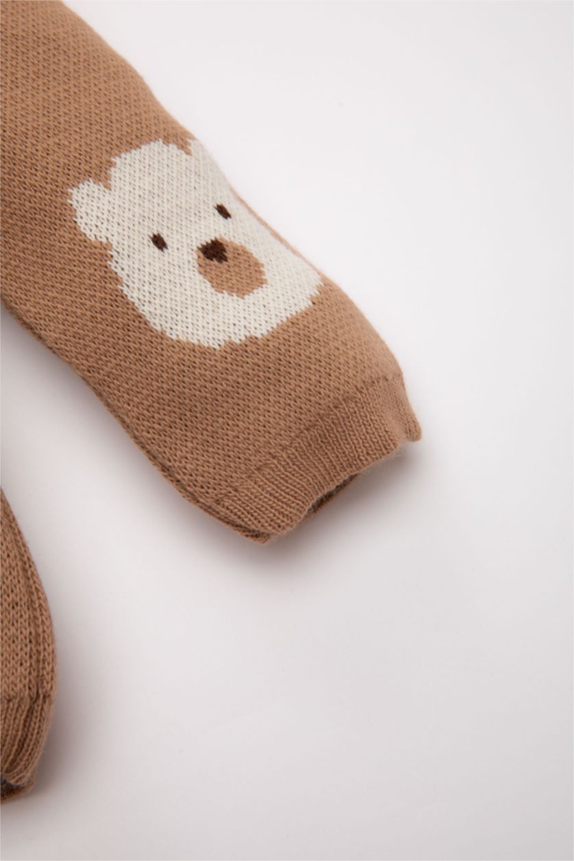 Erkek Bebek Açık Kahve Erkek Bebek 2'li Takım Ayıcık Desenli Triko Kazak Beli Lastikli Triko Alt