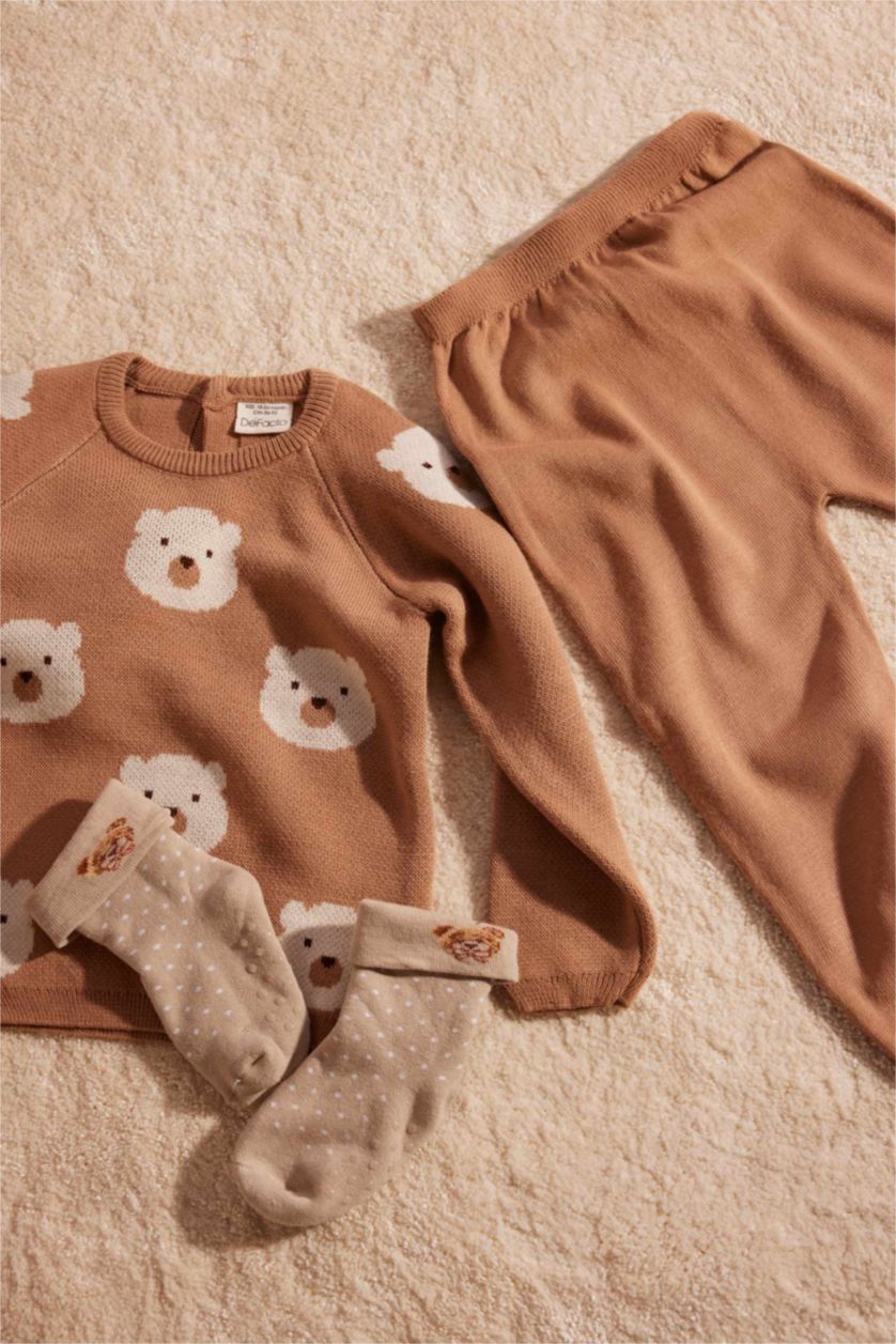 Erkek Bebek Açık Kahve Erkek Bebek 2'li Takım Ayıcık Desenli Triko Kazak Beli Lastikli Triko Alt