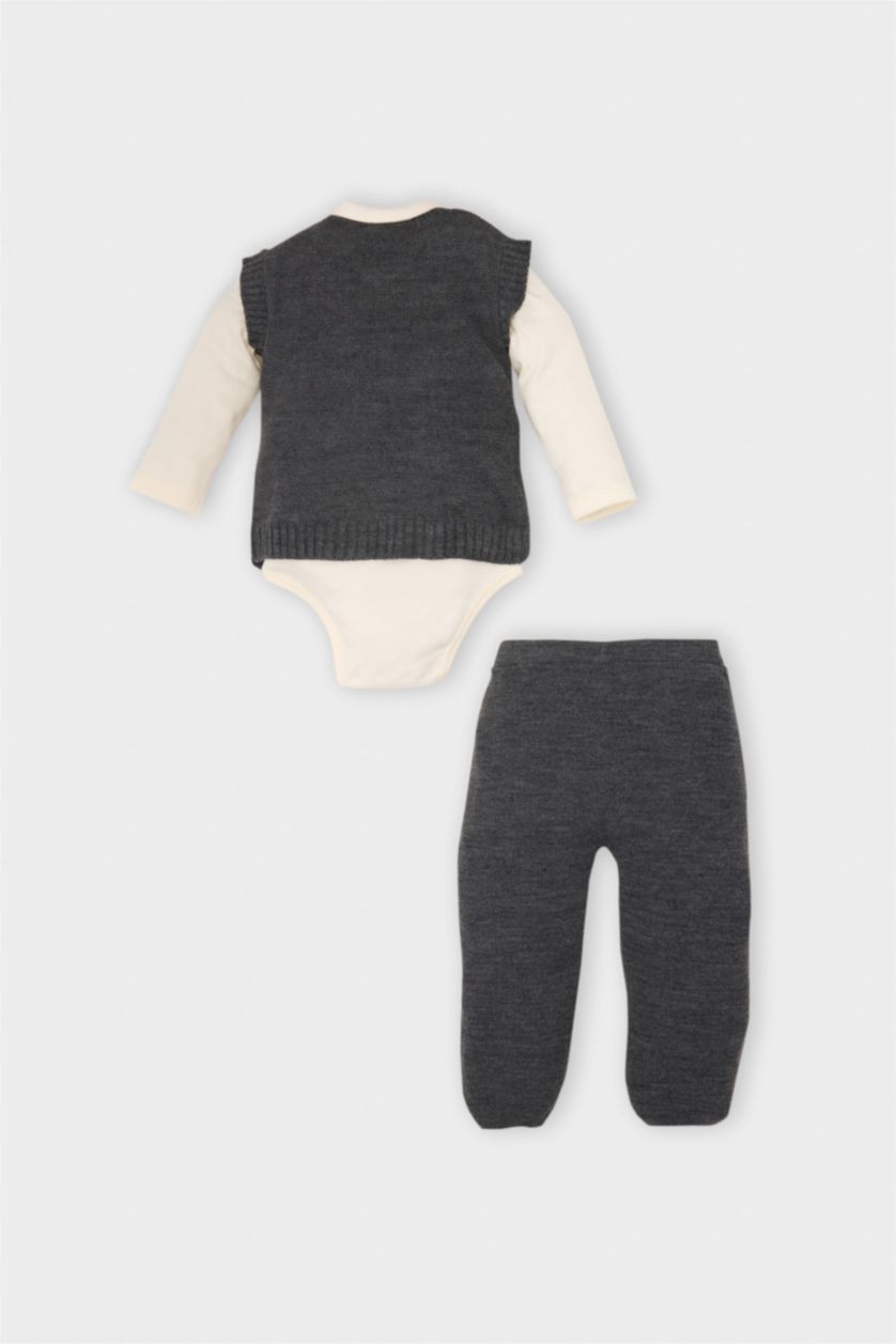 BABY GIRL Grey Baby Boy Buttoned Snap Body Patterned Pullover Bottom 3 Piece Set