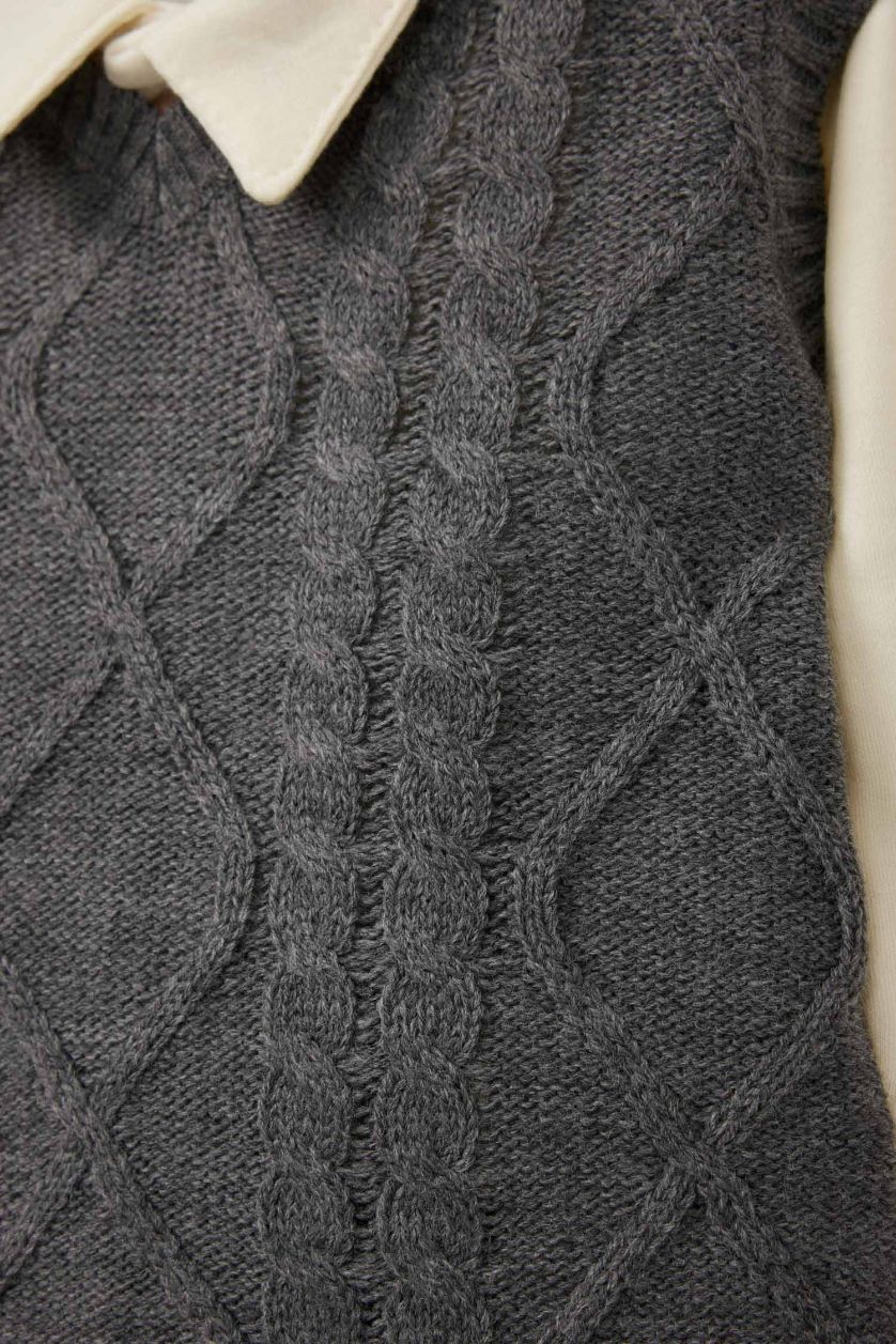 Erkek Bebek Gri 3'lü Takım Triko Yelek Uzun Kollu Çıtçıtlı Body Pantolon Erkek Bebek