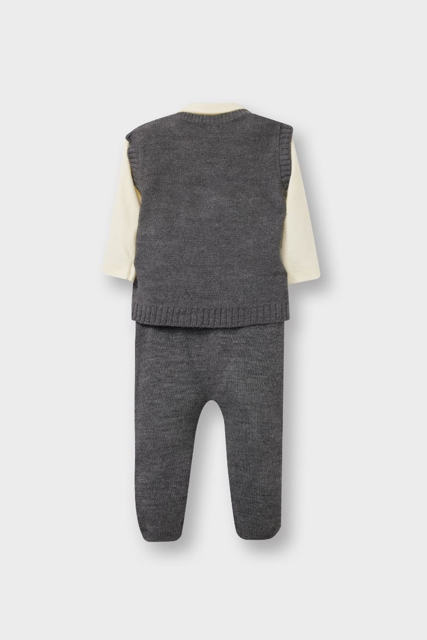 Erkek Bebek Gri 3'lü Takım Triko Yelek Uzun Kollu Çıtçıtlı Body Pantolon Erkek Bebek