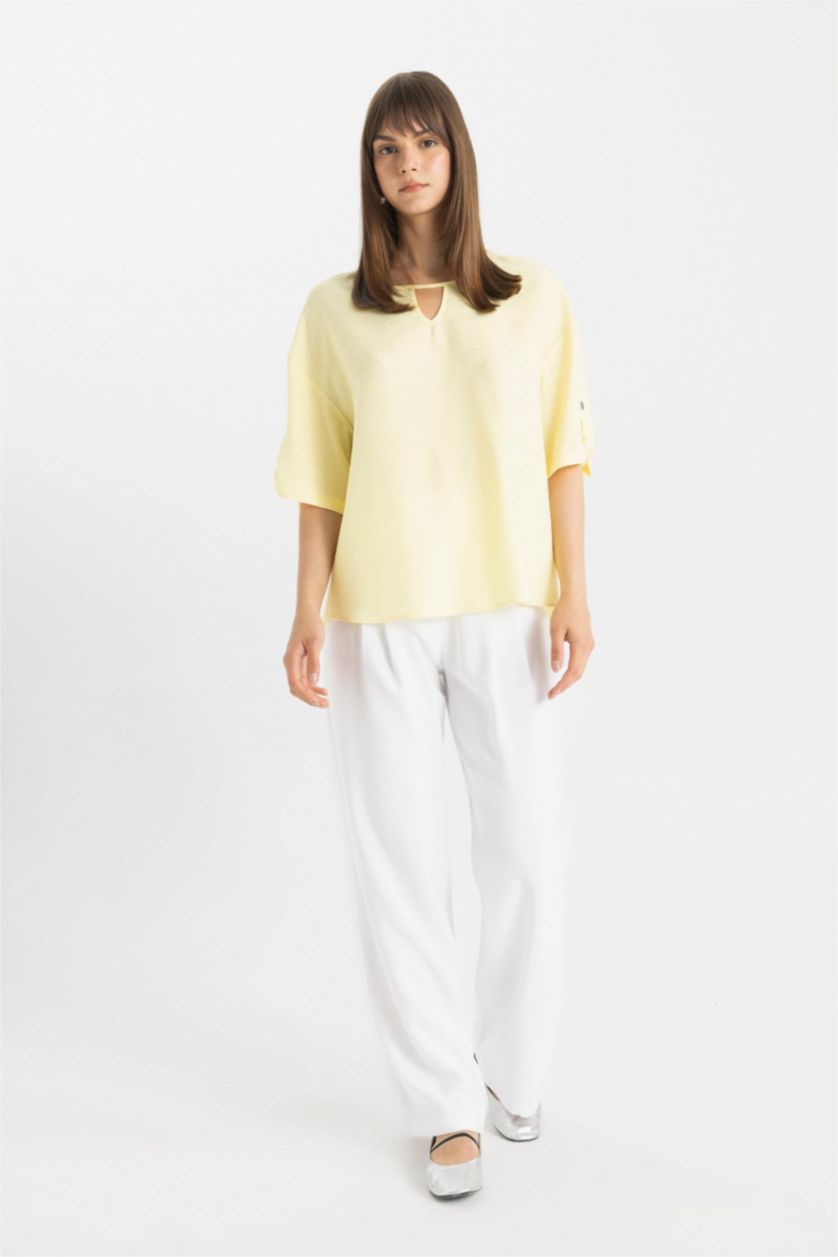 نساء أصفر بلوزة نص ردن قصة عادية بياخة مدورة