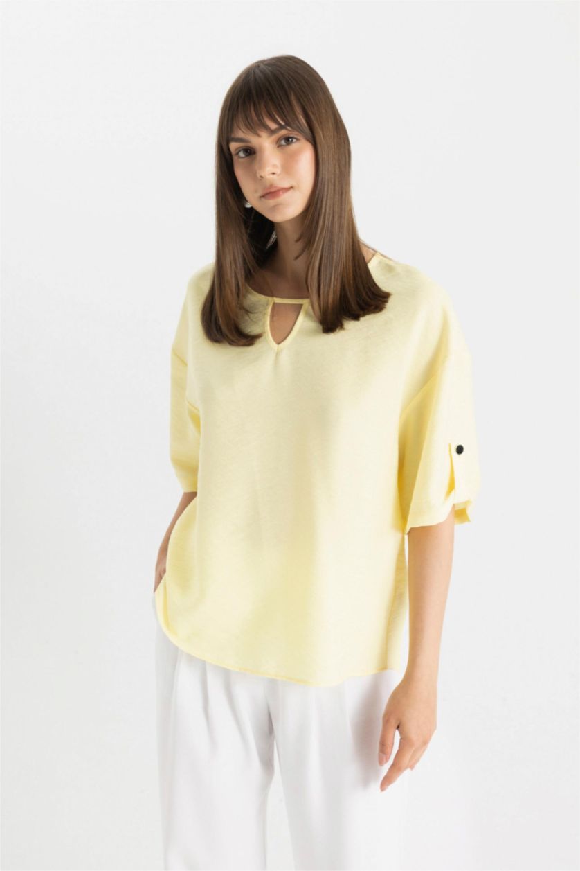 نساء أصفر بلوزة نص ردن قصة عادية بياخة مدورة