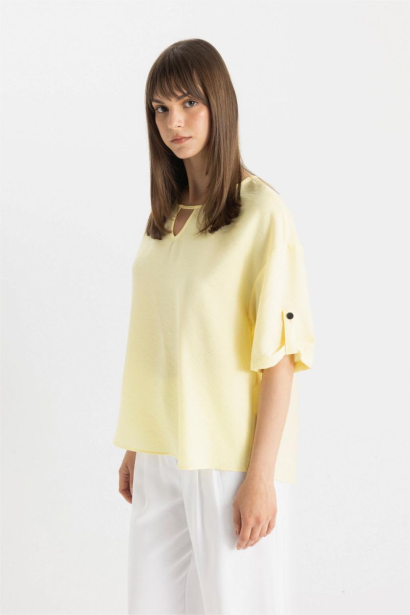 نساء أصفر بلوزة نص ردن قصة عادية بياخة مدورة