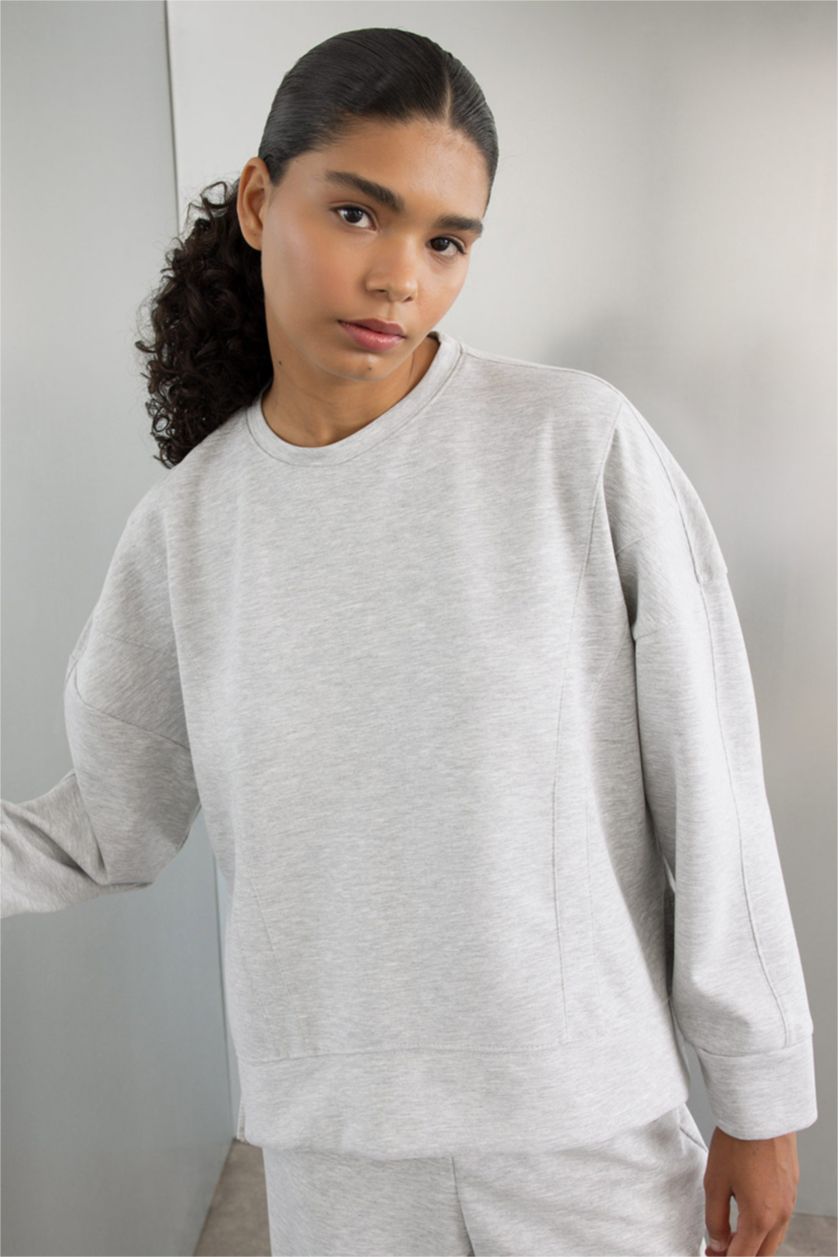 Kadın Gri Melanj Bisiklet Yaka Skuba Dalgıç Kumaş Sporcu Sweatshirt