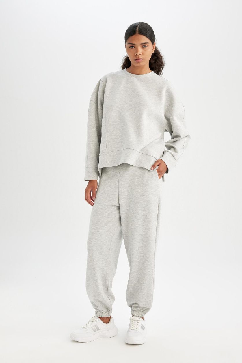 Kadın Gri Melanj Bisiklet Yaka Skuba Dalgıç Kumaş Sporcu Sweatshirt