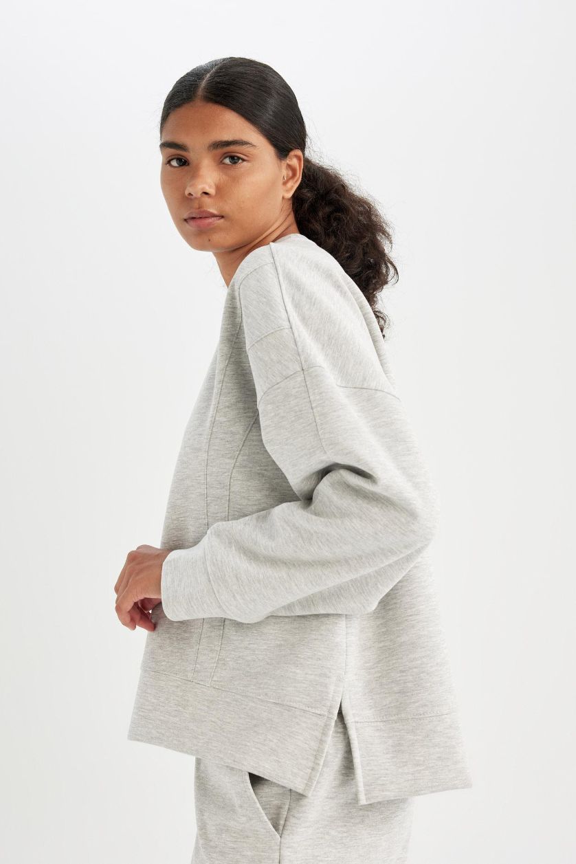 Kadın Gri Melanj Bisiklet Yaka Skuba Dalgıç Kumaş Sporcu Sweatshirt