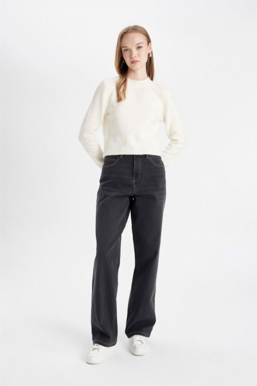 Kadın Antrasit Relax Fit Yüksek Bel Uzun Jean Pantolon