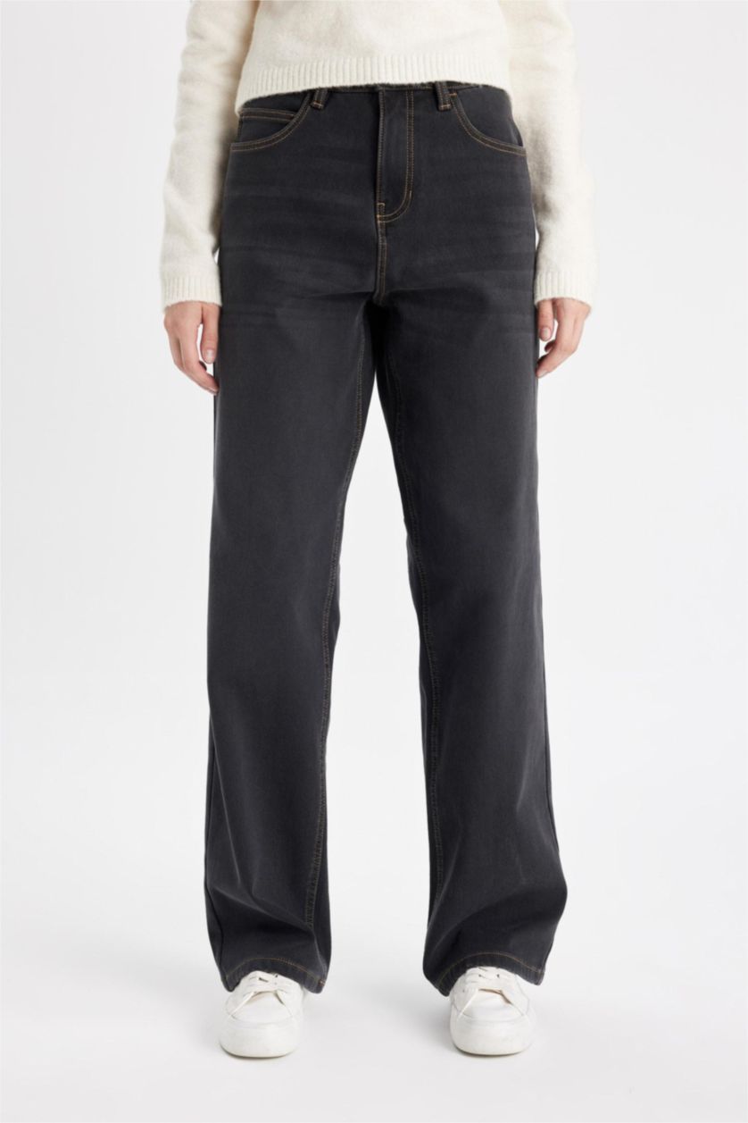 Kadın Antrasit Relax Fit Yüksek Bel Uzun Jean Pantolon