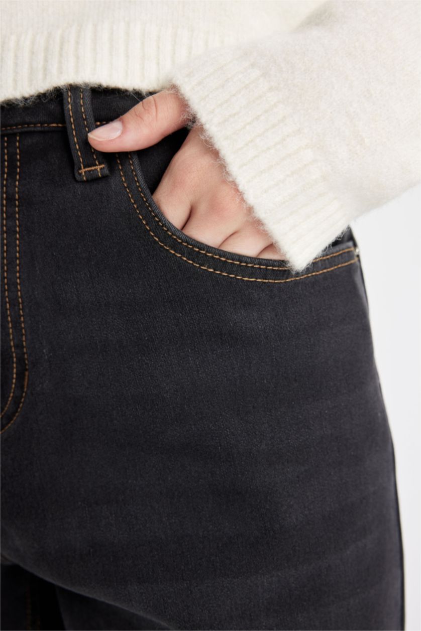 Kadın Antrasit Relax Fit Yüksek Bel Uzun Jean Pantolon