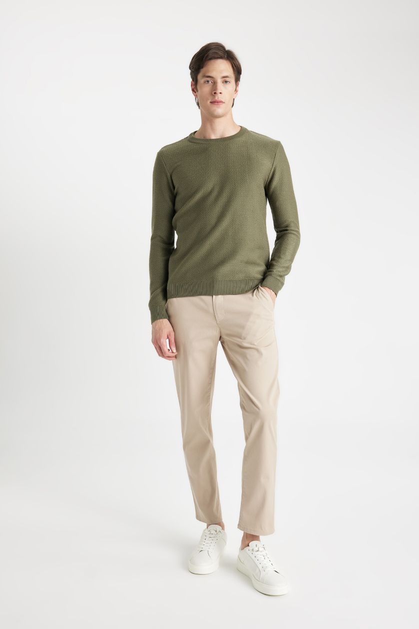 MAN Khaki Standard Fit Crew Neck Textured Knitted Pullover