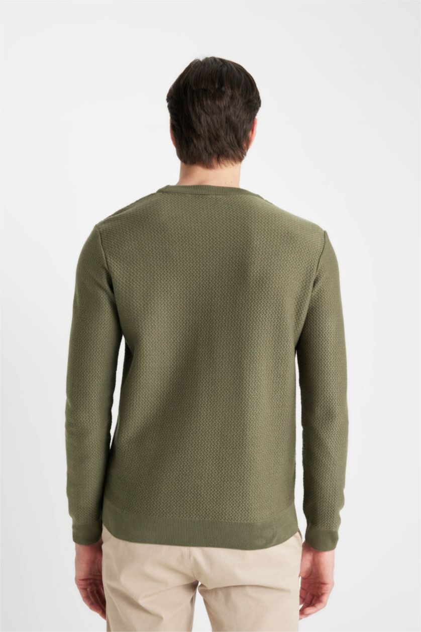 MAN Khaki Standard Fit Crew Neck Textured Knitted Pullover
