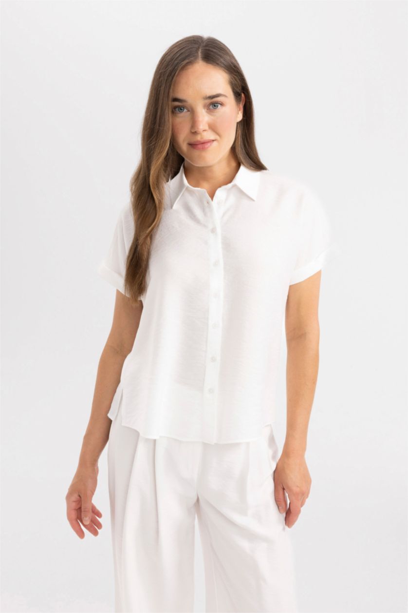 Woman White Regular Fit Short Sleeve White Shirt