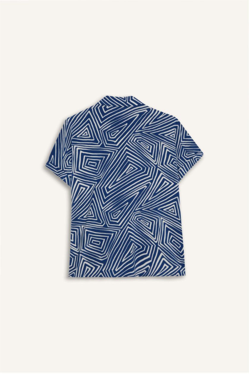 Kadın Koyu Mavi Regular Fit Desenli Kısa Kollu Gömlek