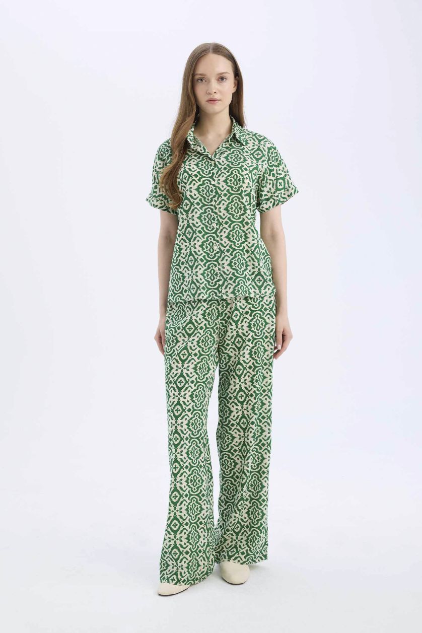 WOMAN Green Regular Fit Shirt Collar Short Sleeve Shirt