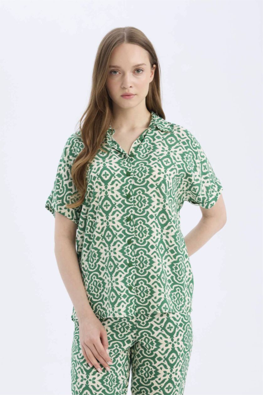 Kadın Yeşil Regular Fit Desenli Kısa Kollu Gömlek