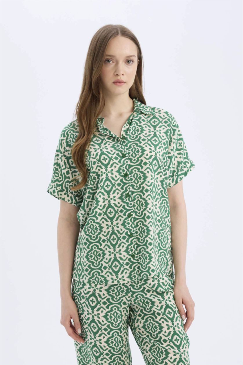 Kadın Yeşil Regular Fit Desenli Kısa Kollu Gömlek