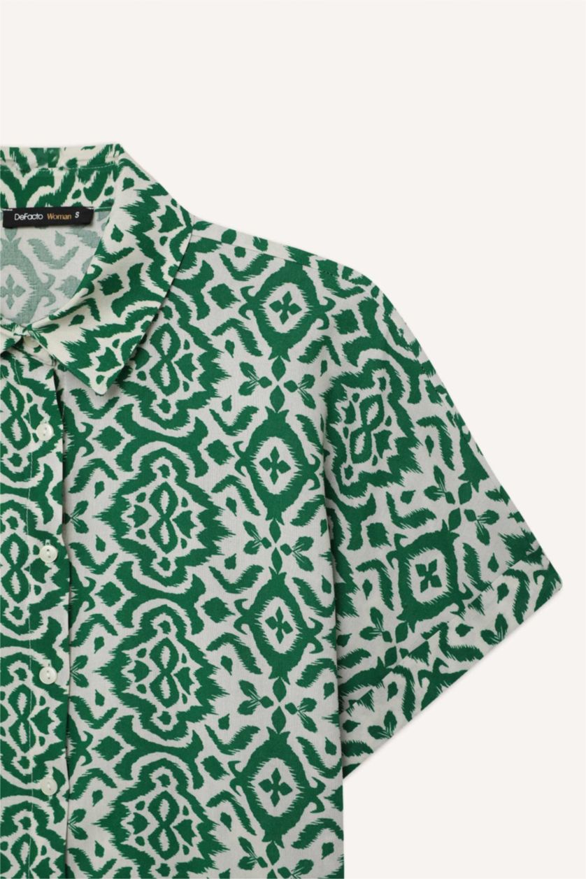 Kadın Yeşil Regular Fit Desenli Kısa Kollu Gömlek