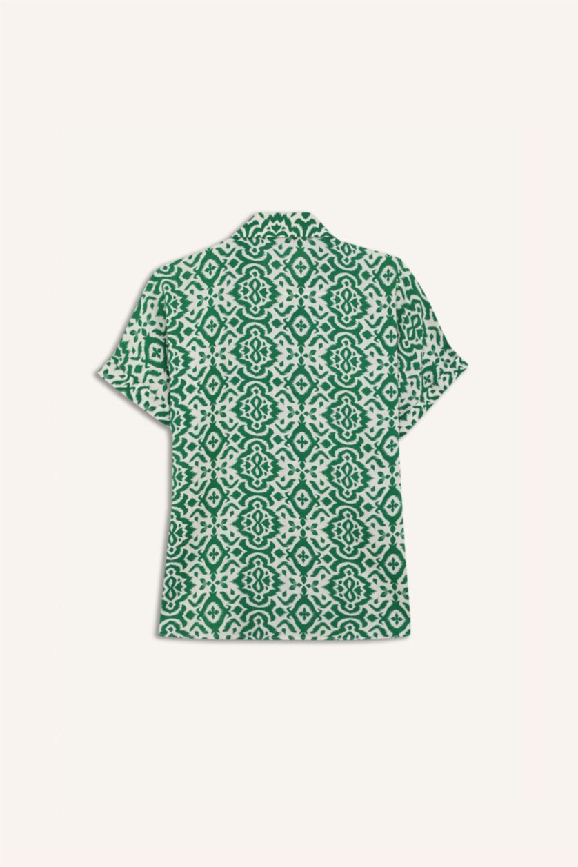Kadın Yeşil Regular Fit Desenli Kısa Kollu Gömlek