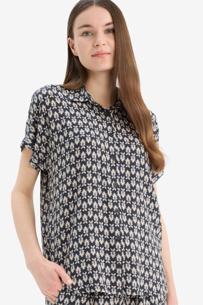 WOMAN NAVY Regular Fit Shirt Collar Short Sleeve Shirt