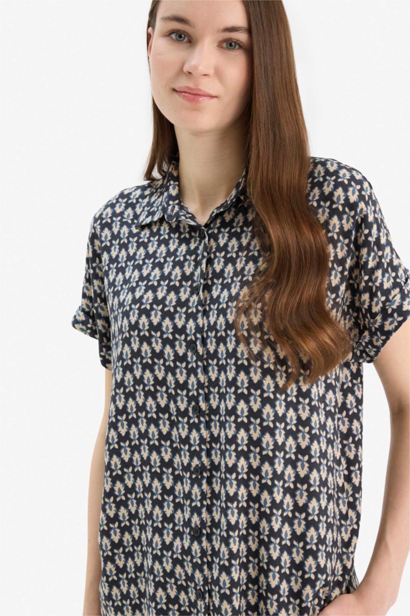 WOMAN NAVY Regular Fit Shirt Collar Short Sleeve Shirt