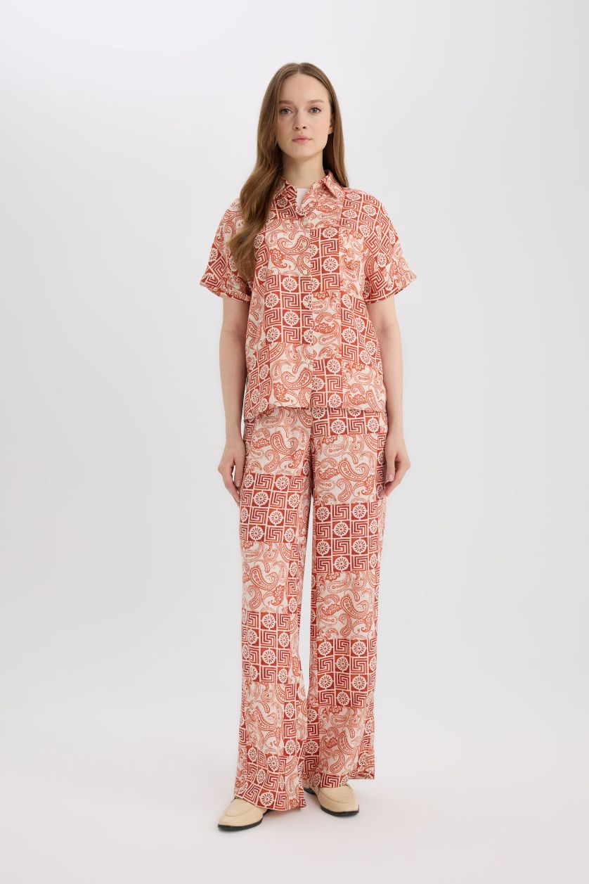 نساء برتقالي قميص نص كم مطبوع قصة عادية برقبة قميص