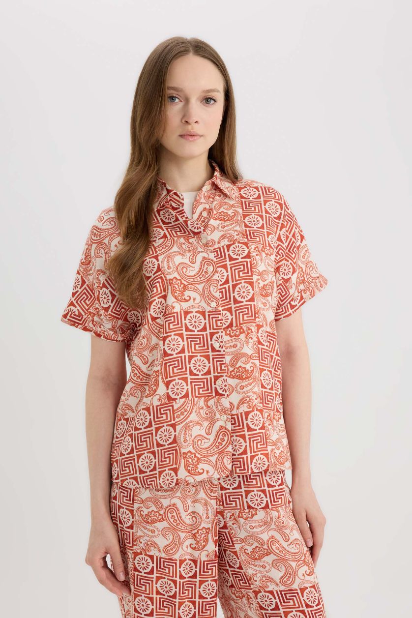 نساء برتقالي قميص نص كم مطبوع قصة عادية برقبة قميص